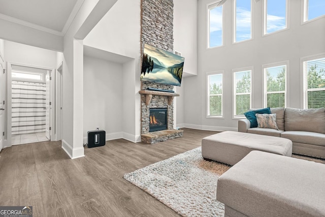 1606 Chancery Ln, Lithia Springs, GA 30122 - living room with ornamental molding, baseboards, wood finished floors, a stone fireplace, and a high ceiling