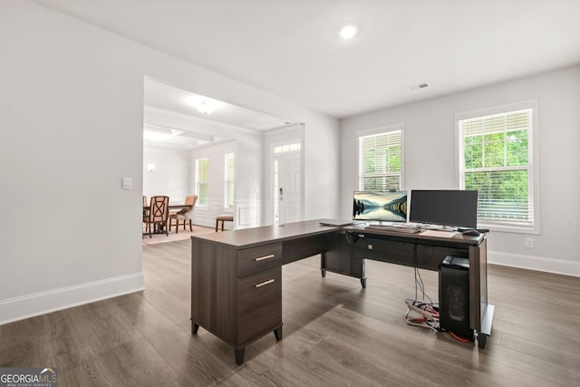 1606 Chancery Ln, Lithia Springs, GA 30122 - home office with dark wood-style floors, baseboards, and recessed lighting