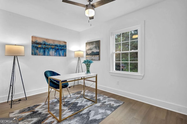 3182 Wakefield Dr, Decatur, GA 30034 - home office featuring ceiling fan, wood finished floors, and baseboards