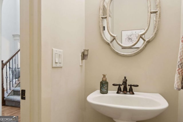 bathroom with wood finished floors and a sink