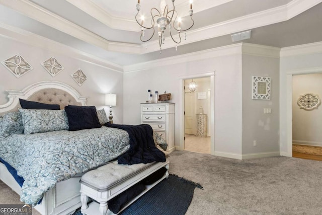 carpeted bedroom featuring crown molding, visible vents, a chandelier, and baseboards