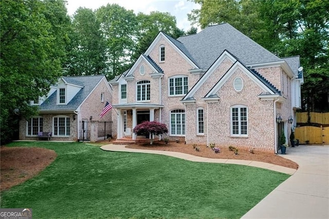 view of front of house featuring a gate, brick siding, fence, and a front yard