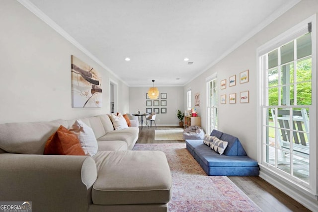 living room featuring crown molding, baseboards, recessed lighting, and wood finished floors