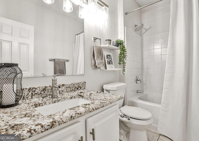 bathroom with tile patterned floors, toilet, shower / tub combo with curtain, and vanity