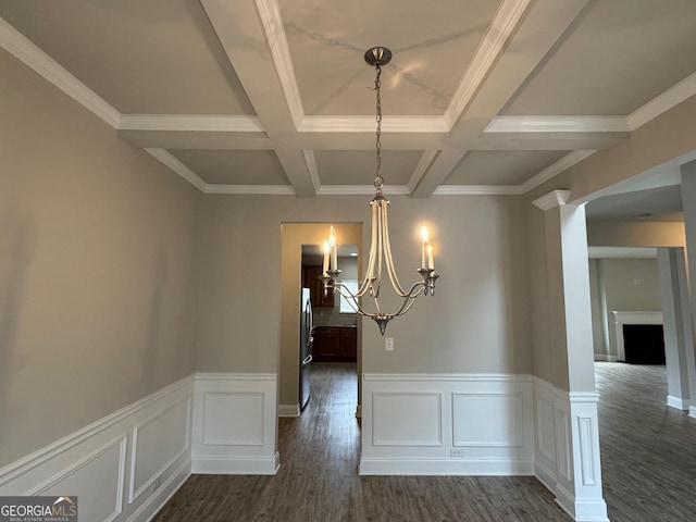 3592 Hancock Vw, Decatur, GA 30034 - unfurnished dining area featuring dark wood finished floors, coffered ceiling, and beam ceiling