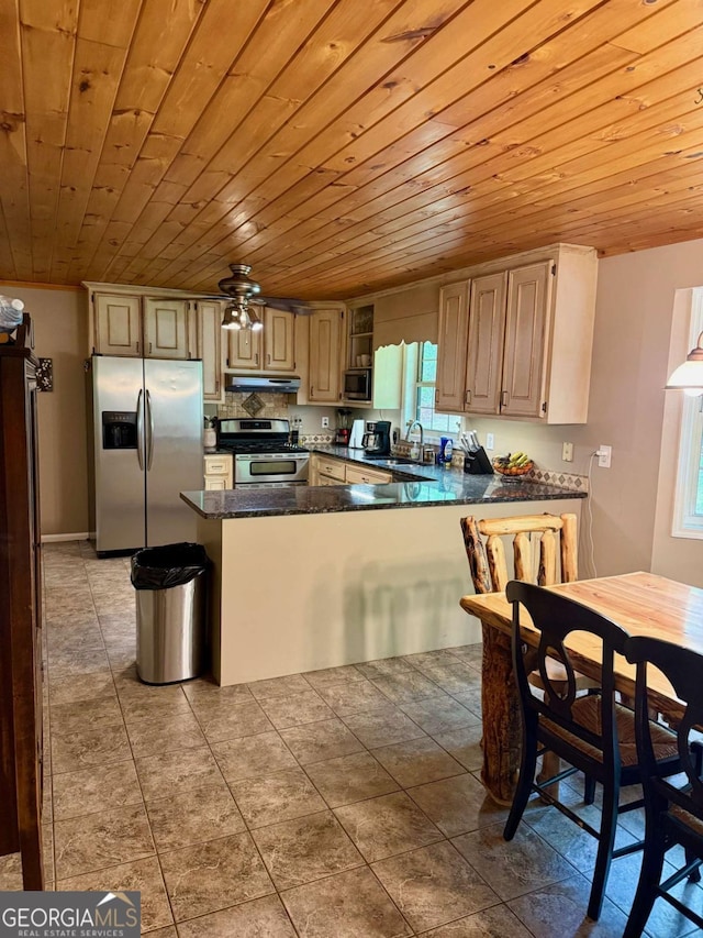 3517 Duncan Bridge Rd, Cleveland, GA 30528 - kitchen featuring dark countertops, wood ceiling, stainless steel appliances, and under cabinet range hood