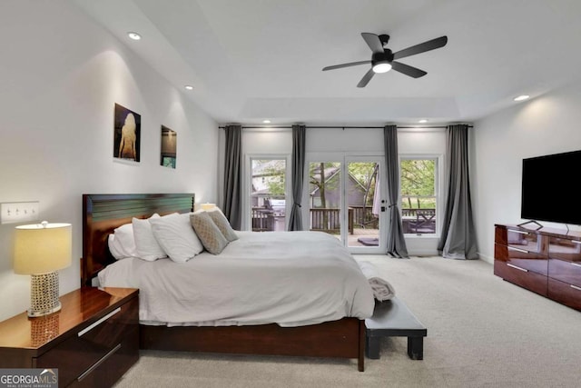bedroom with recessed lighting, light colored carpet, access to outside, ceiling fan, and baseboards