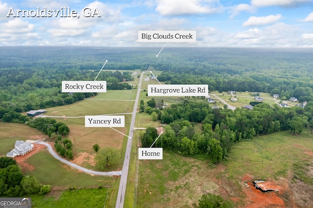 drone / aerial view featuring a view of trees and a rural view