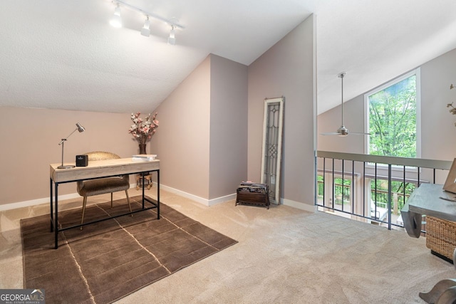 carpeted office with baseboards, rail lighting, and high vaulted ceiling