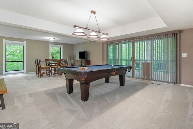 playroom with pool table, visible vents, baseboards, and carpet