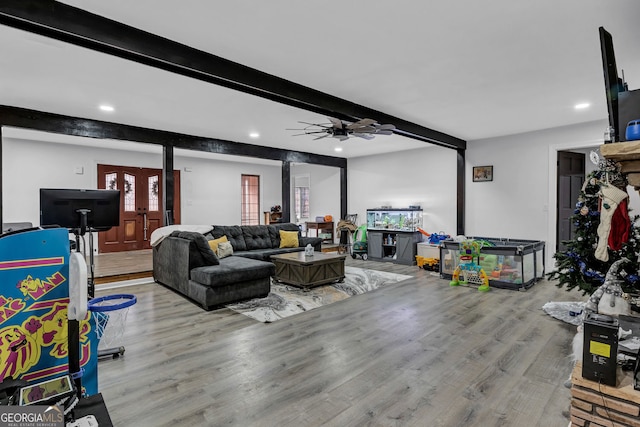 4220 Chapel Hill Farms Dr, Douglasville, GA 30135 - living area with beamed ceiling, wood finished floors, recessed lighting, and a ceiling fan