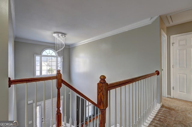 interior space with crown molding, a notable chandelier, an upstairs landing, and carpet flooring