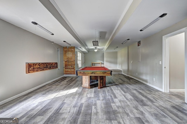 recreation room featuring baseboards, wood finished floors, and pool table