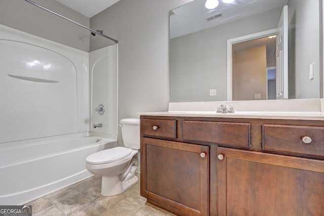 full bath featuring shower / tub combination, vanity, toilet, and visible vents