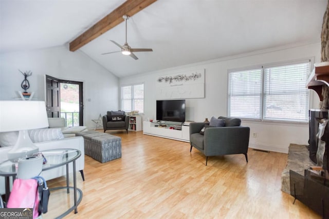 1860 Apalachee Woods Trl, Buckhead, GA 30625 - living room with vaulted ceiling with beams, ceiling fan, and light wood finished floors
