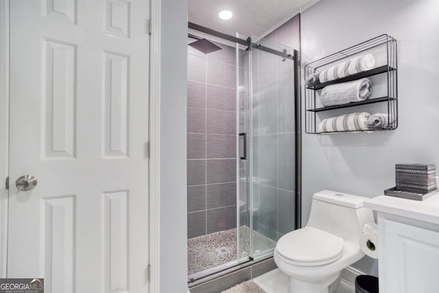 1860 Apalachee Woods Trl, Buckhead, GA 30625 - bathroom featuring toilet, recessed lighting, a shower stall, and vanity