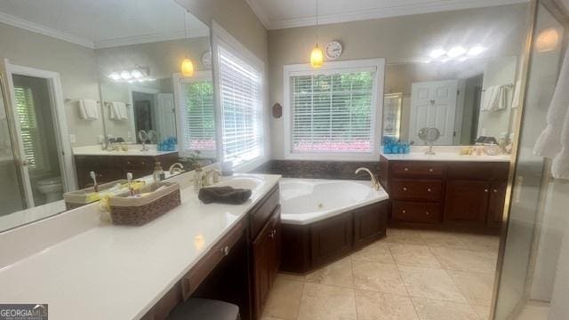 169 Cambridge Way, Macon, GA 31220 - bathroom with a stall shower, crown molding, vanity, a jetted tub, and tile patterned flooring