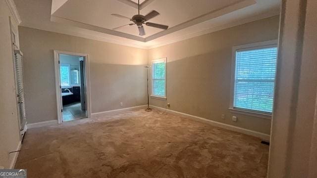 169 Cambridge Way, Macon, GA 31220 - unfurnished room with a tray ceiling, ornamental molding, carpet, a ceiling fan, and baseboards
