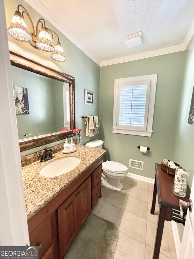 4614 Capers Xing W, Peachtree Corners, GA 30092 - bathroom with visible vents, ornamental molding, vanity, toilet, and baseboards