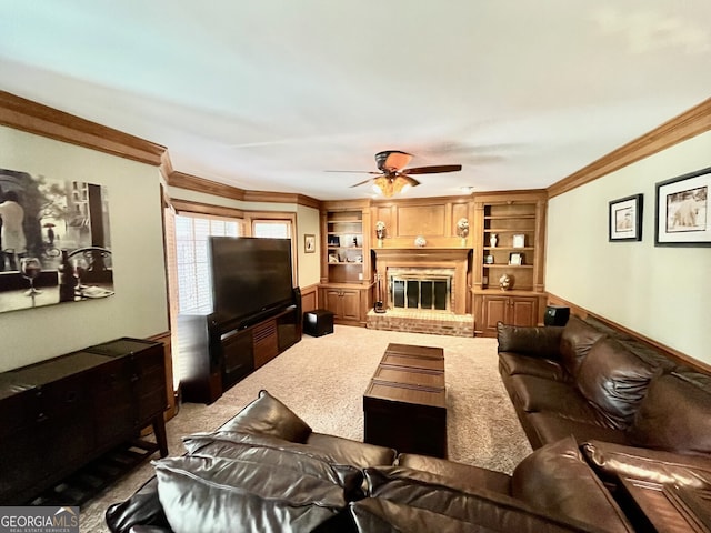 4614 Capers Xing W, Peachtree Corners, GA 30092 - living area featuring crown molding, ceiling fan, a brick fireplace, built in features, and carpet