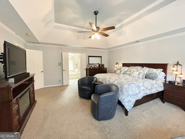 4614 Capers Xing W, Peachtree Corners, GA 30092 - bedroom featuring crown molding, a raised ceiling, ensuite bath, carpet floors, and baseboards
