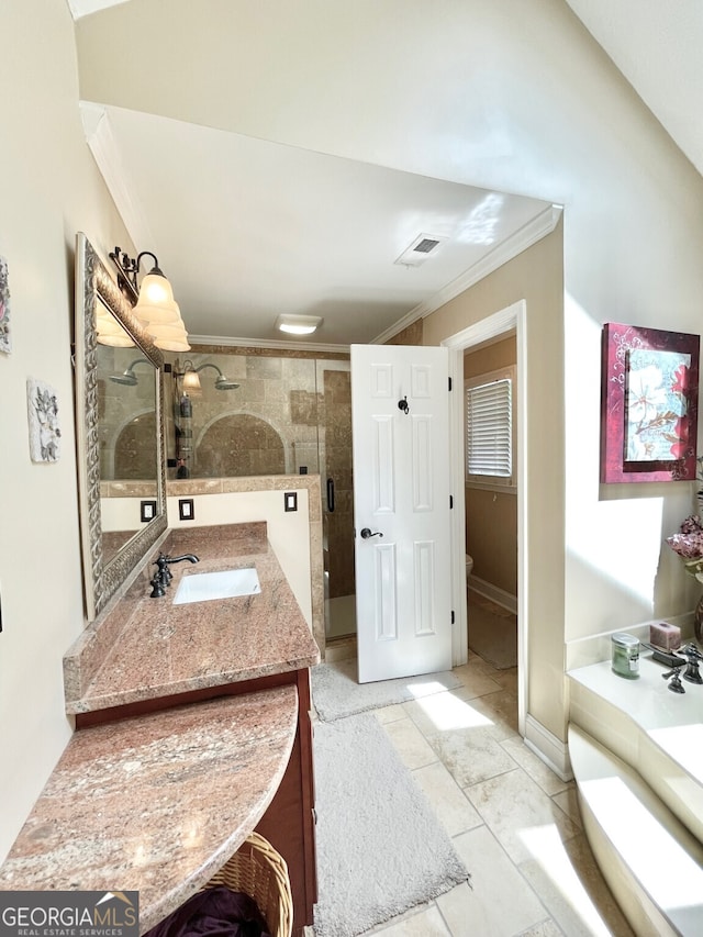 4614 Capers Xing W, Peachtree Corners, GA 30092 - full bath featuring vanity, ornamental molding, visible vents, toilet, and a stall shower