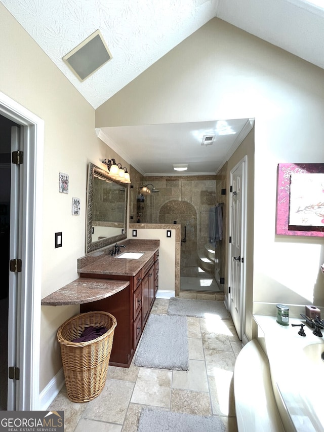 4614 Capers Xing W, Peachtree Corners, GA 30092 - full bath with visible vents, vanity, baseboards, a shower stall, and vaulted ceiling