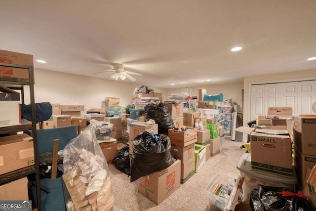 storage area featuring ceiling fan