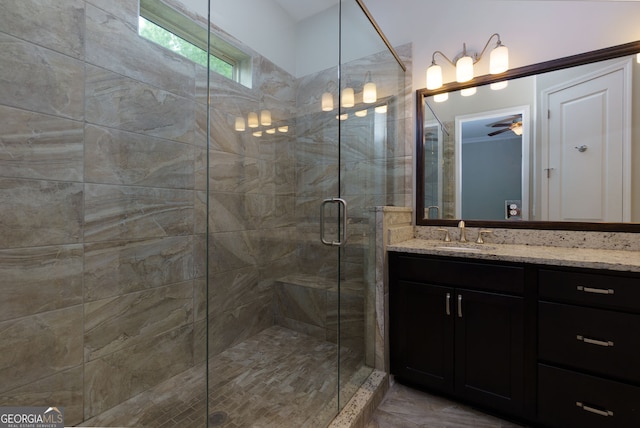 569 Mirrormont Dr SE, Smyrna, GA 30080 - full bathroom featuring vanity, a stall shower, and ceiling fan