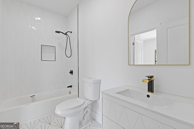 906 Mcdaniel St, Atlanta, GA 30310 - bathroom featuring toilet, bathtub / shower combination, vanity, tile patterned flooring, and baseboards