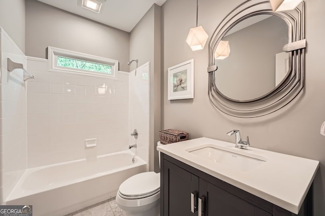 full bath featuring shower / tub combination, toilet, and vanity