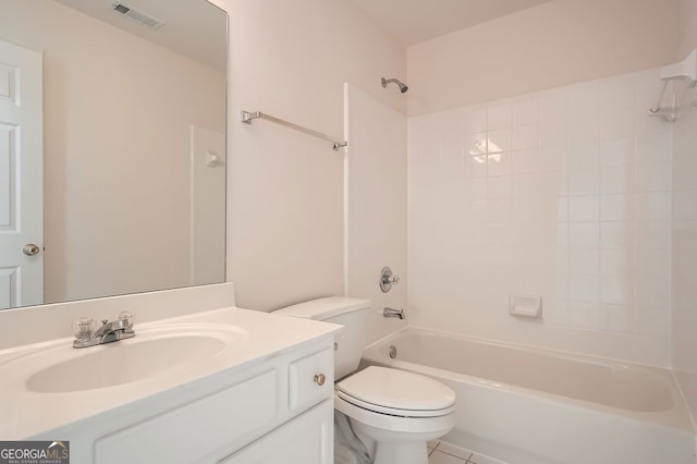 bathroom with vanity, toilet, tile patterned floors, bathing tub / shower combination, and visible vents
