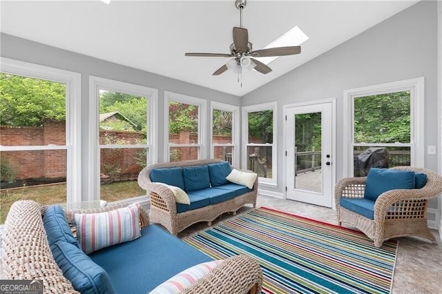 100 Barnard Pl, Atlanta, GA 30328 - sunroom with lofted ceiling with skylight, outdoor lounge area, and ceiling fan