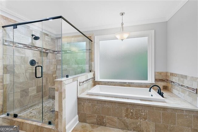 100 Barnard Pl, Atlanta, GA 30328 - full bath featuring a garden tub, a shower stall, and ornamental molding