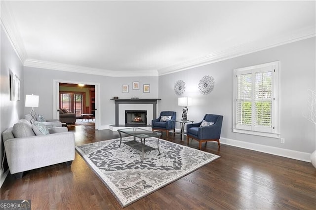 100 Barnard Pl, Atlanta, GA 30328 - living area featuring dark wood-style flooring, ornamental molding, a warm lit fireplace, and baseboards