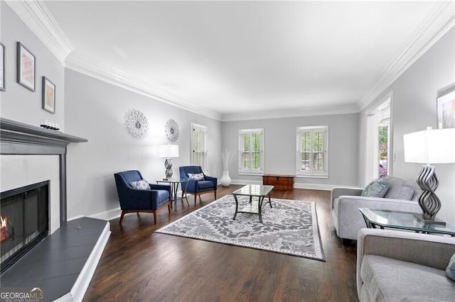 100 Barnard Pl, Atlanta, GA 30328 - living room with ornamental molding, baseboards, wood finished floors, and a warm lit fireplace
