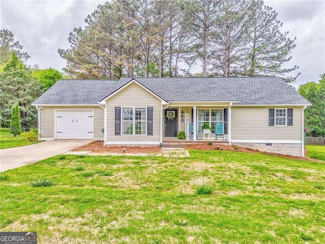 460 Broad St, Tallapoosa, GA 30176 - ranch-style home with driveway, covered porch, crawl space, an attached garage, and a front lawn