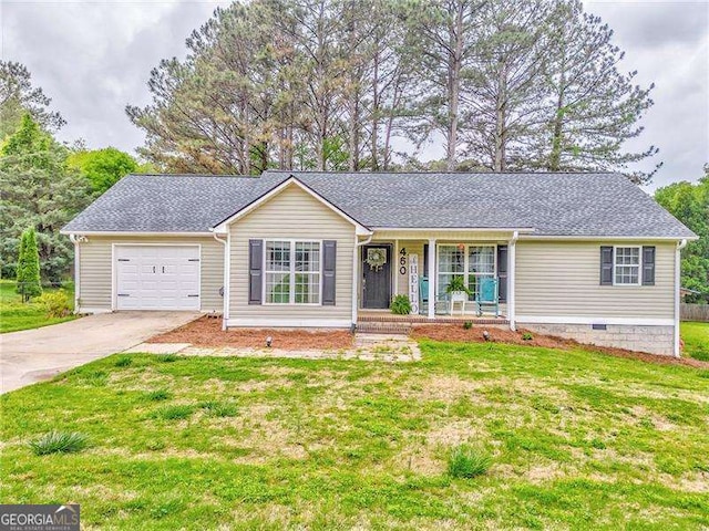 460 Broad St, Tallapoosa, GA 30176 - ranch-style home featuring a porch, a front lawn, a garage, driveway, and a shingled roof