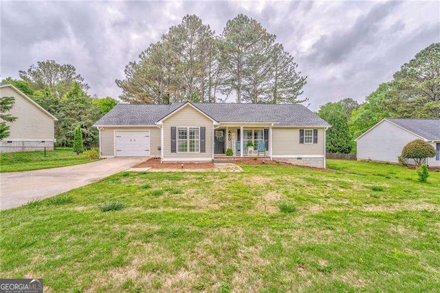 460 Broad St, Tallapoosa, GA 30176 - ranch-style house with a porch, concrete driveway, crawl space, and a garage