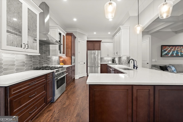 kitchen with appliances with stainless steel finishes, a sink, light countertops, dark wood-style floors, and wall chimney exhaust hood