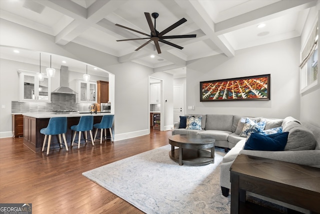 3668 Spring St, Chamblee, GA 30341 - living area with coffered ceiling, recessed lighting, dark wood-type flooring, beamed ceiling, and a ceiling fan