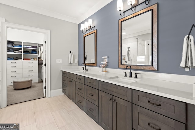 bathroom with a sink, a walk in closet, a shower stall, and double vanity