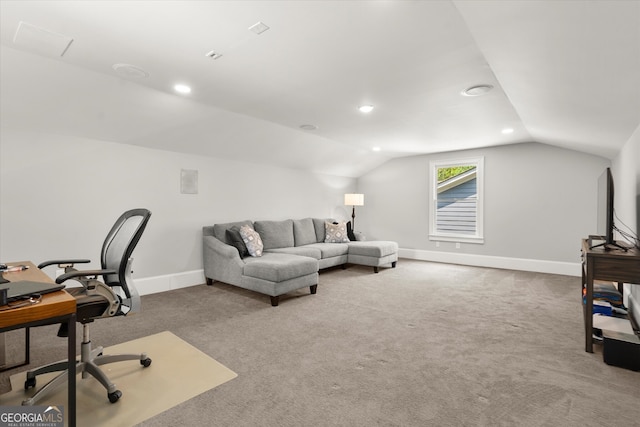 carpeted home office with baseboards, recessed lighting, and lofted ceiling