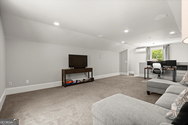 carpeted living room featuring recessed lighting, baseboards, a wall unit AC, and lofted ceiling