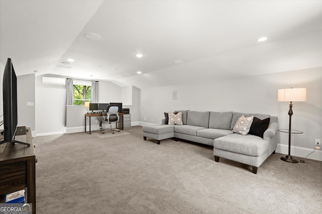 3668 Spring St, Chamblee, GA 30341 - carpeted living area featuring a wall mounted AC, vaulted ceiling, an office area, and recessed lighting