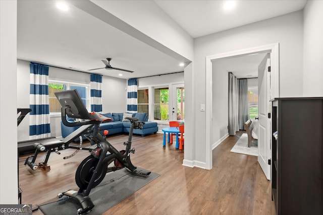 workout area featuring french doors, a ceiling fan, and wood finished floors