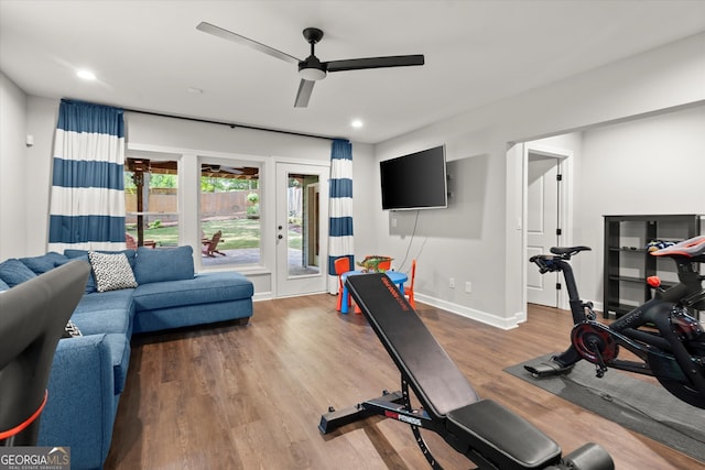 3668 Spring St, Chamblee, GA 30341 - exercise room featuring ceiling fan, wood finished floors, and recessed lighting