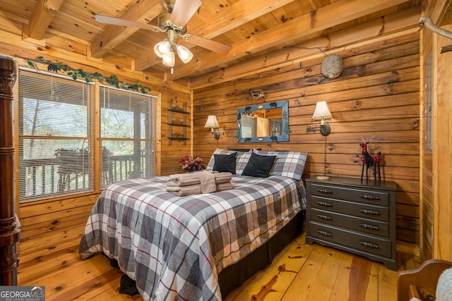 191 Mountain View Rd, Ellijay, GA 30540 - bedroom with wood ceiling with exposed beams, wooden walls, and light wood finished floors