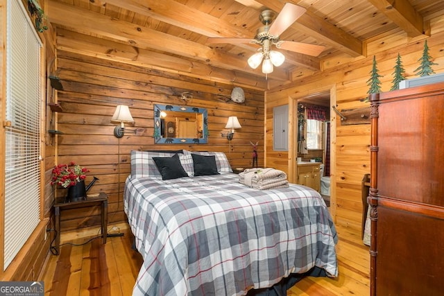 191 Mountain View Rd, Ellijay, GA 30540 - bedroom featuring light wood-style floors, wood ceiling with exposed beams, wooden walls, and electric panel