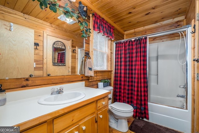 191 Mountain View Rd, Ellijay, GA 30540 - full bath featuring wooden ceiling, toilet, vanity, shower / bath combo with shower curtain, and wooden walls